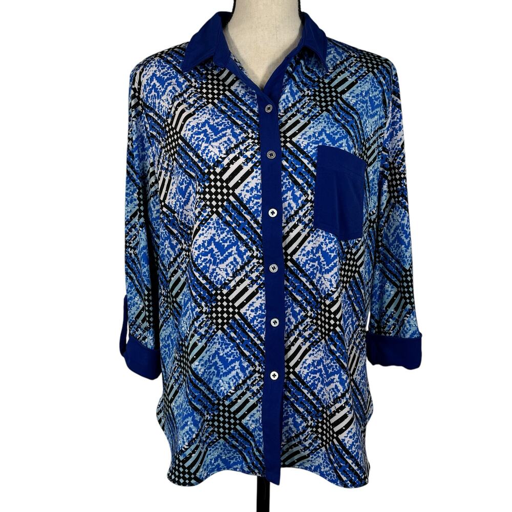 Nygard Petite Large Top Button-Up Hi-Low Hem Stretch 3/4 Sleeve Collared Blue